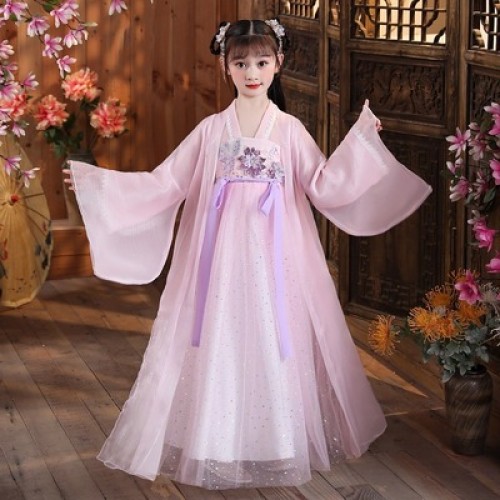 Pink light purple blue fairy dress Hanfu for girls children chinese ancient folk costume fairy skirt Tang Dynasty queen princess dance dress guzheng performance costume